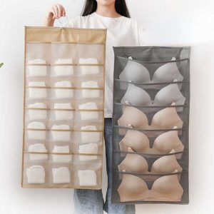 Dual Sided Hanging Pockets Hanging Storage Organizer Closet Wardrobe Organizer for Underwear Stocking.